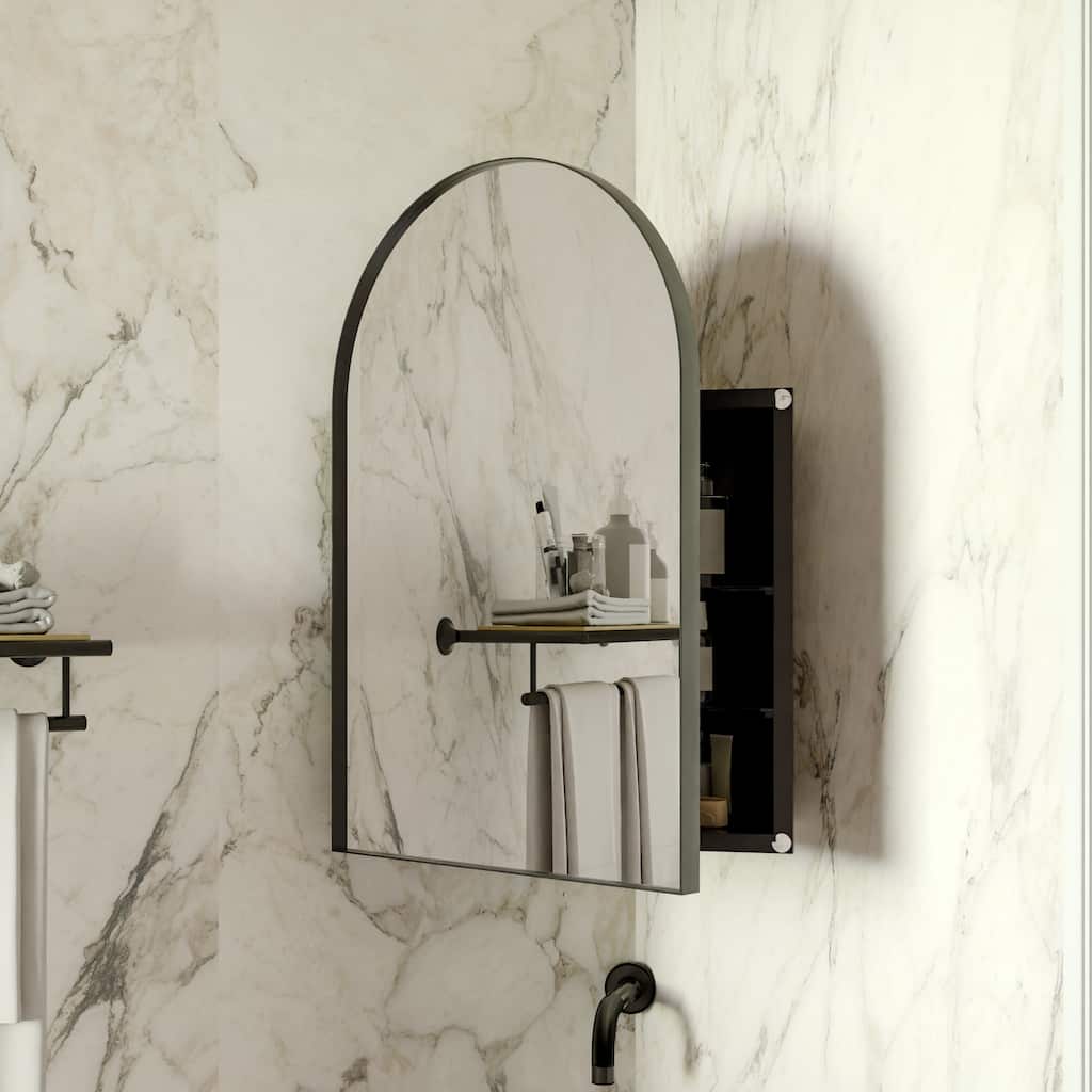 18x24 Inch Metal Corner Medicine Cabinet with Arched Mirror, Adjustable Glass Shelves, Space-Saving Bathroom Storage