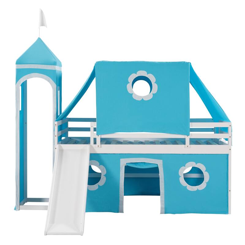 Cute Solid Wood House Loft Bed with Slide, Tent, and Tower for Kids