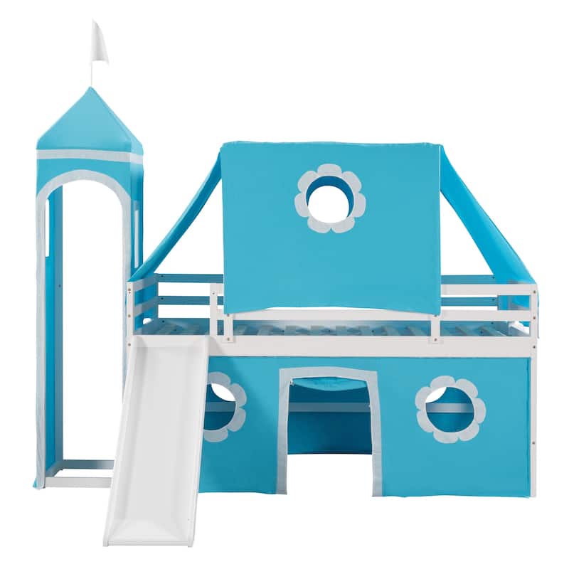 Twin Size Cute Solid Wood House Loft Bed with Slide, Tent, and Tower for Bedroom