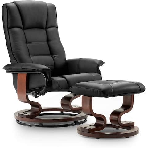 Mcombo Swiveling Recliner Chair with Wood Base and Ottoman