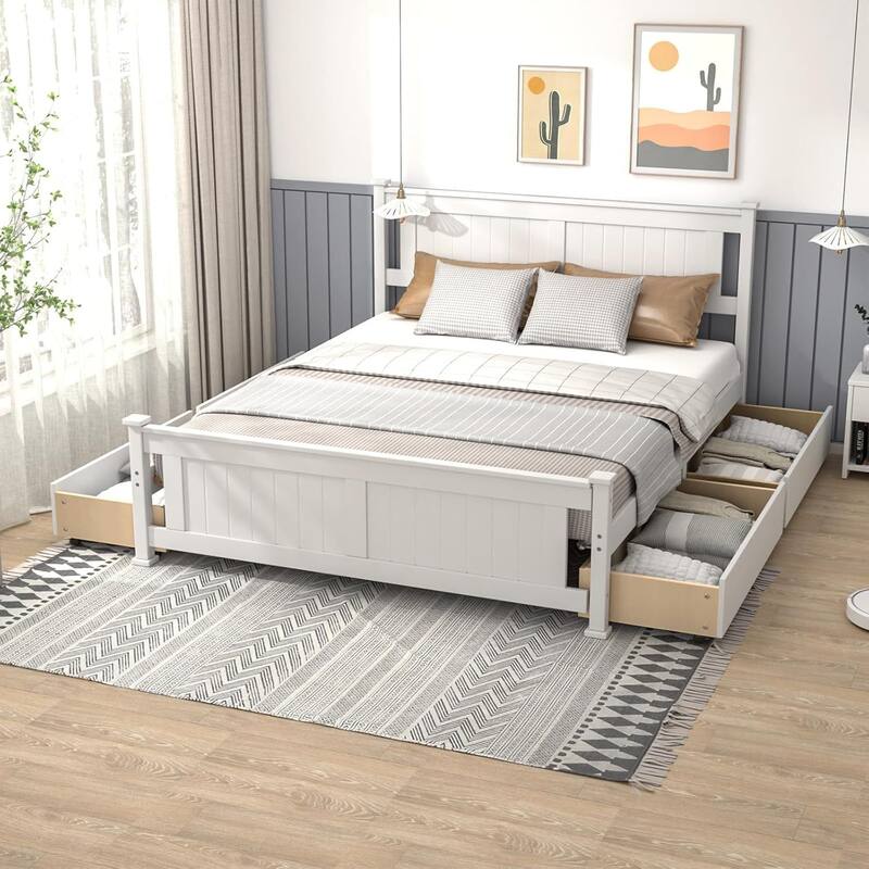 Wood Twin Size Bed Frame with 4 Storage Drawers, Solid Wood Platform Bed with Headboard