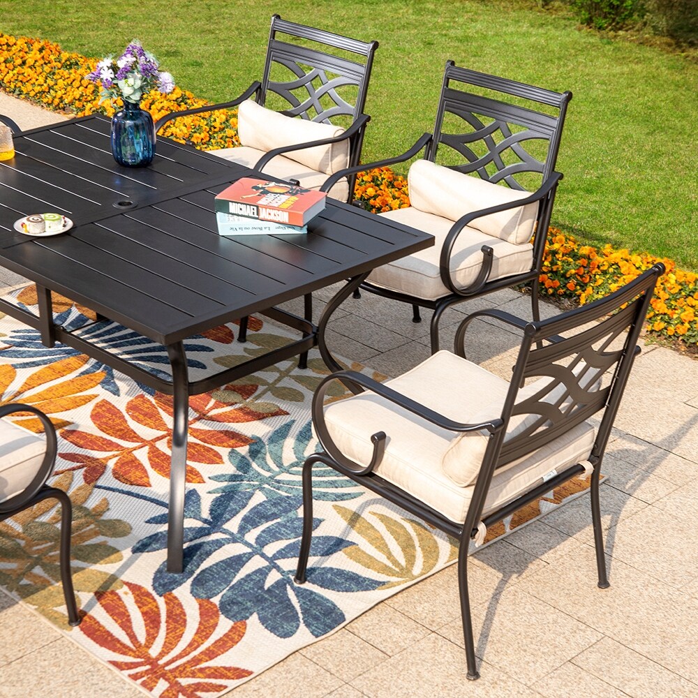 MAISON ARTS 7 Piece Outdoor Dining Set Steel Rectangle Table Elegant Cast Iron Pattern Dining Chairs Black