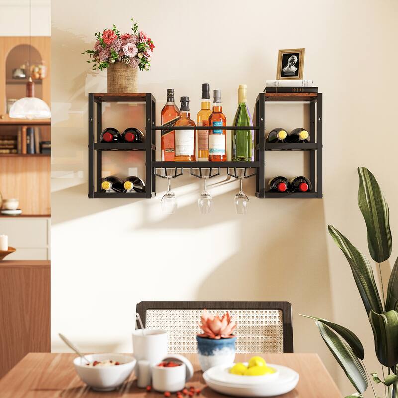 Rustic Brown Wood Wall Wine Rack with Glass Holders and Metal Frame - 35" L x 10" W x 16" H