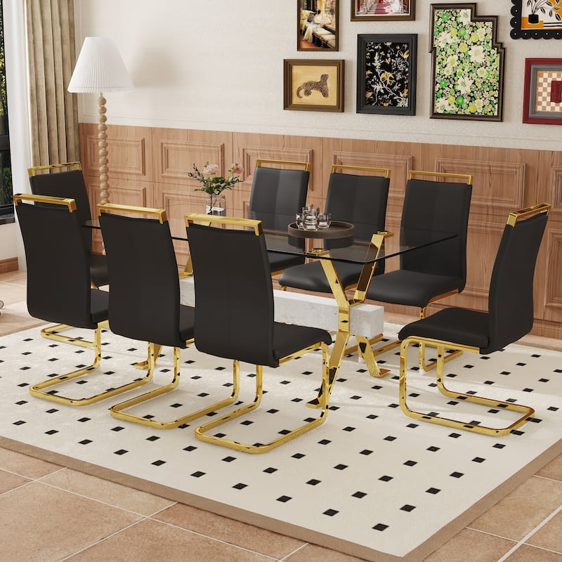 9-Piece Glass Dining Table Set for 8, 71" Rectangular Table with Gold Metal Base, 8 PU Dining Chairs for Kitchen, Dining Room