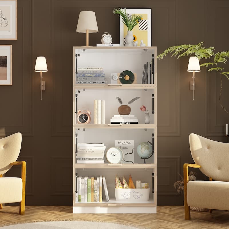 Modern Bookshelf with Adjustable Lighting Strips and Four Handles