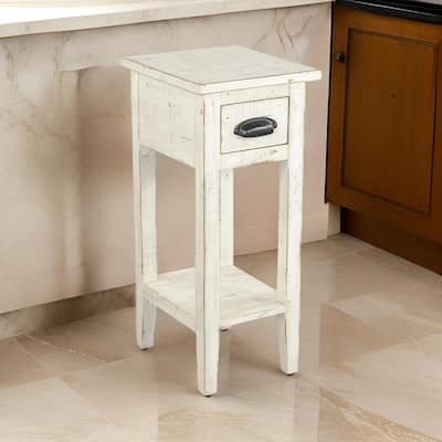 Rena Chairside Table, Drawer and Shelf, 14 Inch White Mahogany Wood