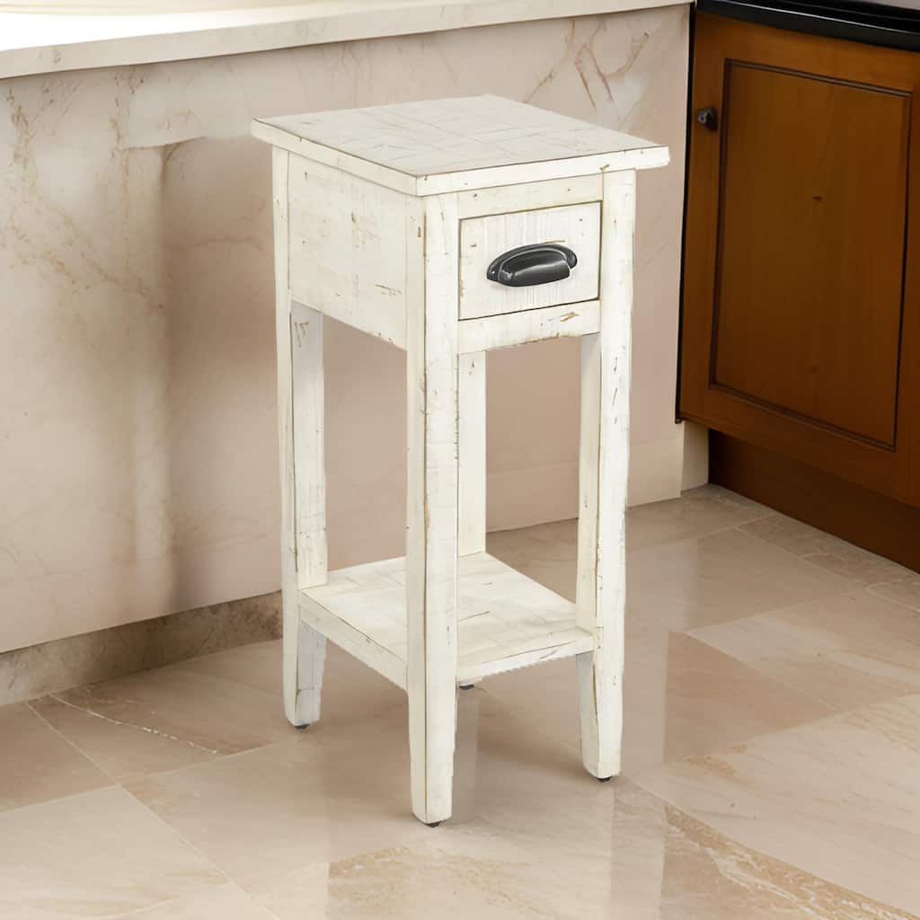 Rena Chairside Table, Drawer and Shelf, 14 Inch White Mahogany Wood