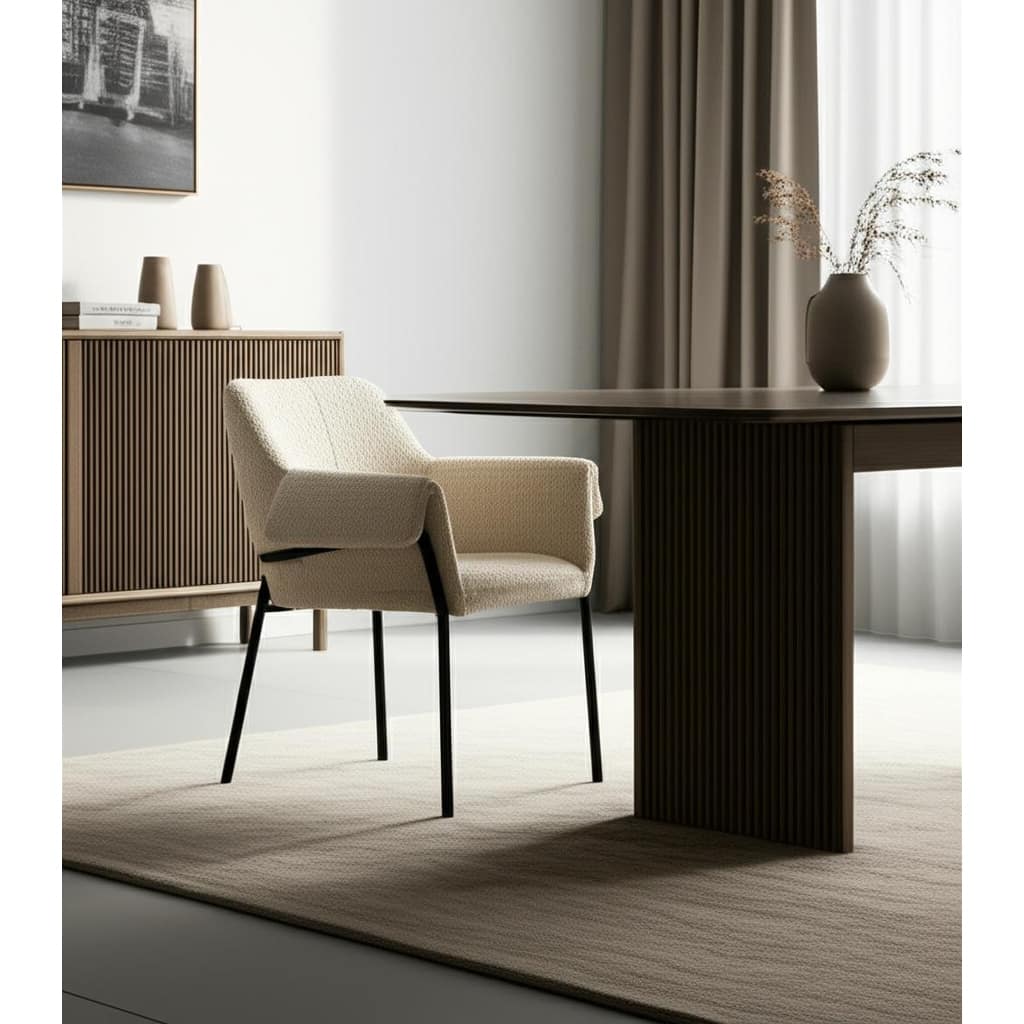 HomeRoots Cream and Black Boucle And Metal Dining Arm Chair - 29.5 in. x 32.5 in. x 24.5 in.