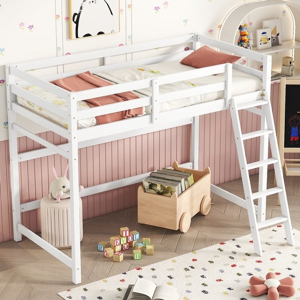 slide 2 of 11, Fun Design Pine Loft Bed with inclined Ladder, Guardrails and Under Bed Capacious Space, Twin Size, White