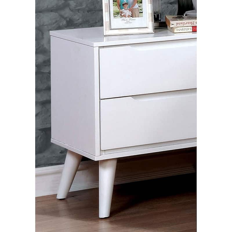 Mid-Century Modern White Nightstand with 2 Drawers, Solid Wood Construction & Tapered Legs