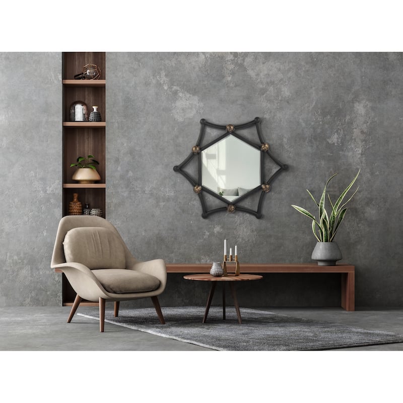 MacLuu Industrial Hexagon Black Metal Pipe Mirror for Wall Decor - 35.43" W x 35.43" H x 2.76" D