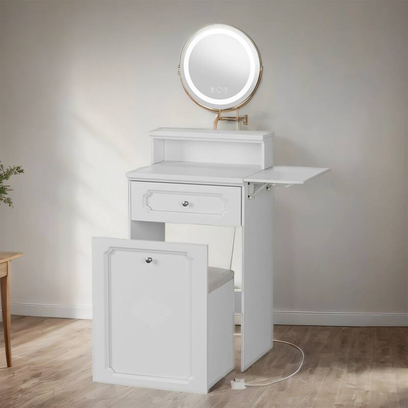 Makeup Vanity with Round Mirror, Lights, 2-in-1 Nightstand, a Chair