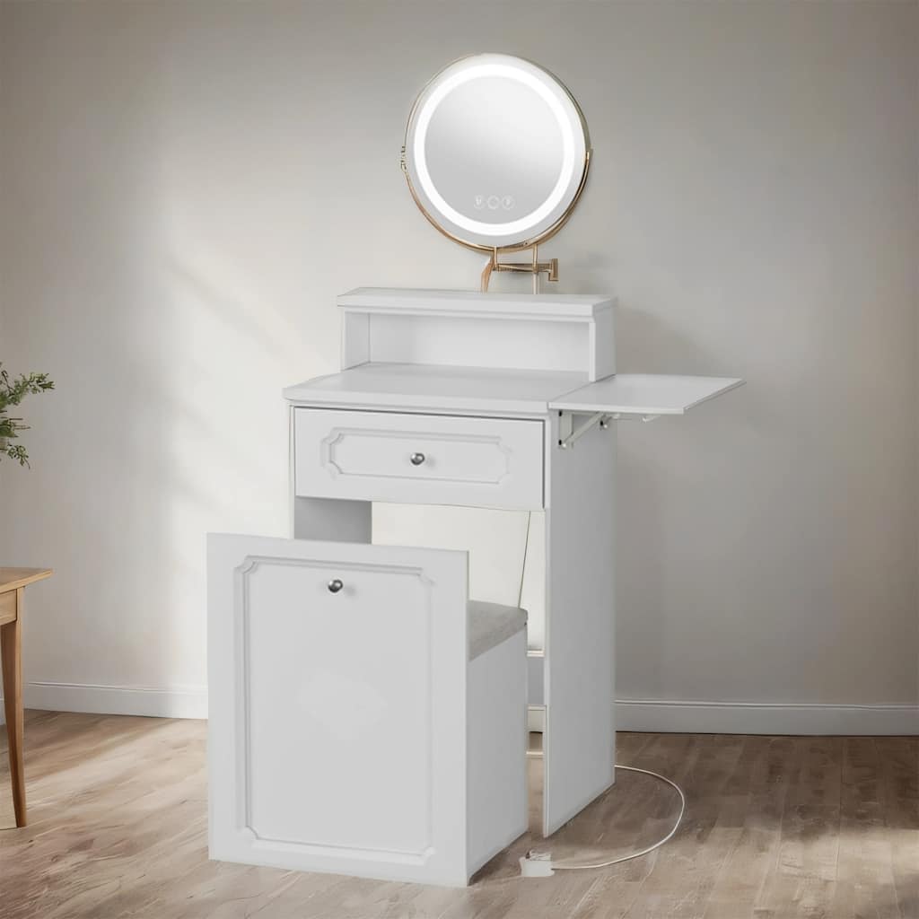 Makeup Vanity with Round Mirror, Lights, 2-in-1 Nightstand, a Chair