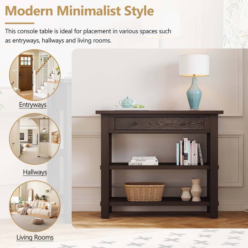 Retro Console Table with Drawer and Shelves for Entryway