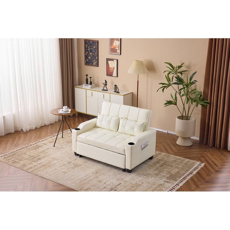 Tufted Upholstered Leather Sleeper Sofa Bed - Beige