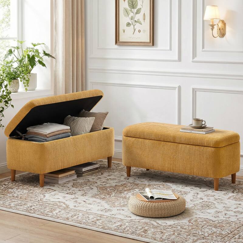 39in Soft Chenille Fabric Storage Ottoman Bench for Bedroom / Entryway Bed Foot / Living Room，Upholstered Entryway Bench