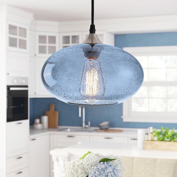 Farmhouse 1-Light Blue Bubble Glass Design Brushed Nickel Pendant