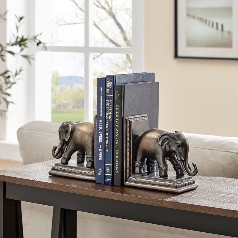 Danya B. Ornate Elephants Polyresin Bronze Patina Finish Bookend Set of 2