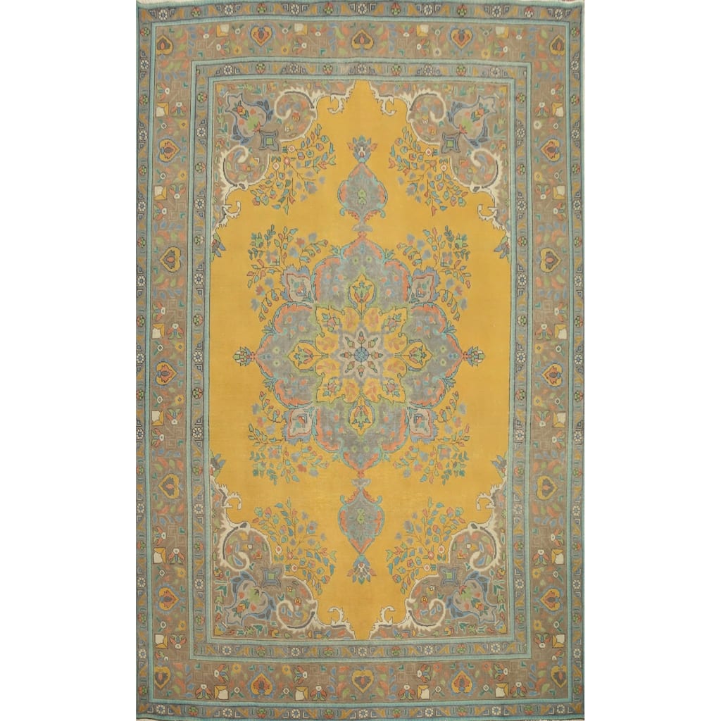 Hand Knotted Oriental 100% Wool Carpet Traditional Floral Yellow & Gold Tabriz Area Rug - 11' 4'' X 8' 3''