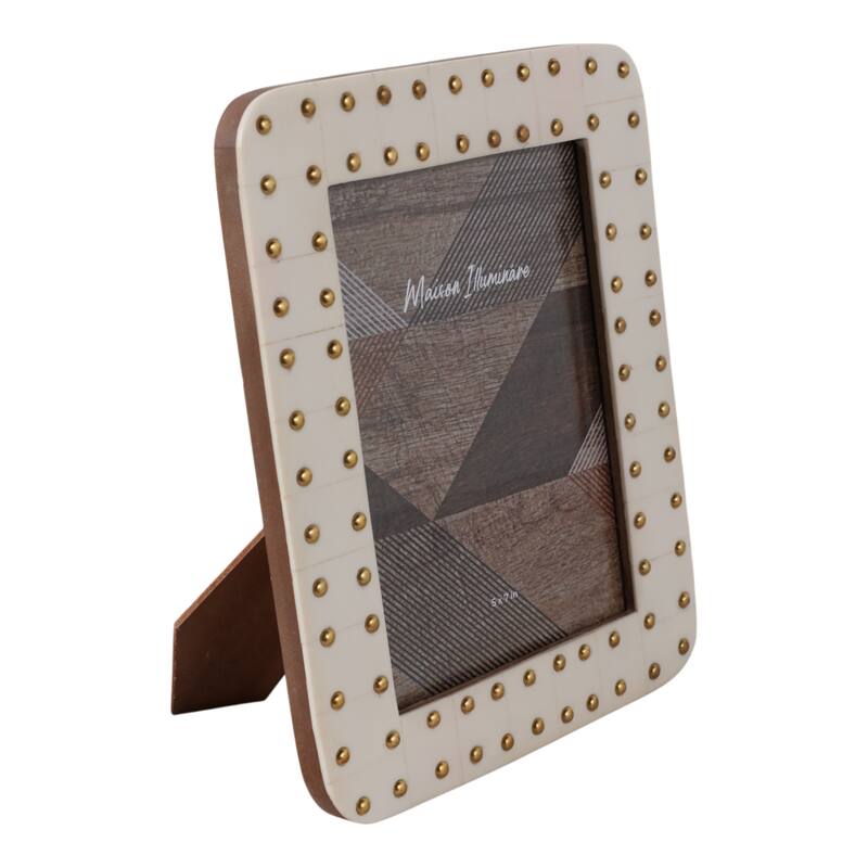 Wood Glass Photo Frame Studded Border Glam Modern Design - 9" Ivory