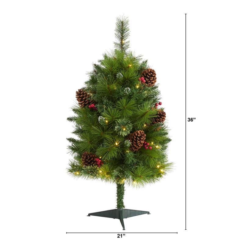 3Ft Artificial Christmas Tree with Lights - Holiday Decor, Pine Cones & Berries - Festive Home Accent - Green - 36