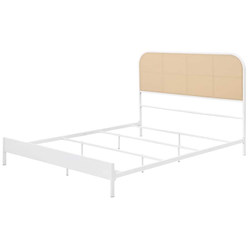 Ammy King Bed, Radio Weave Headboard, Brown Faux Rattan, White Metal