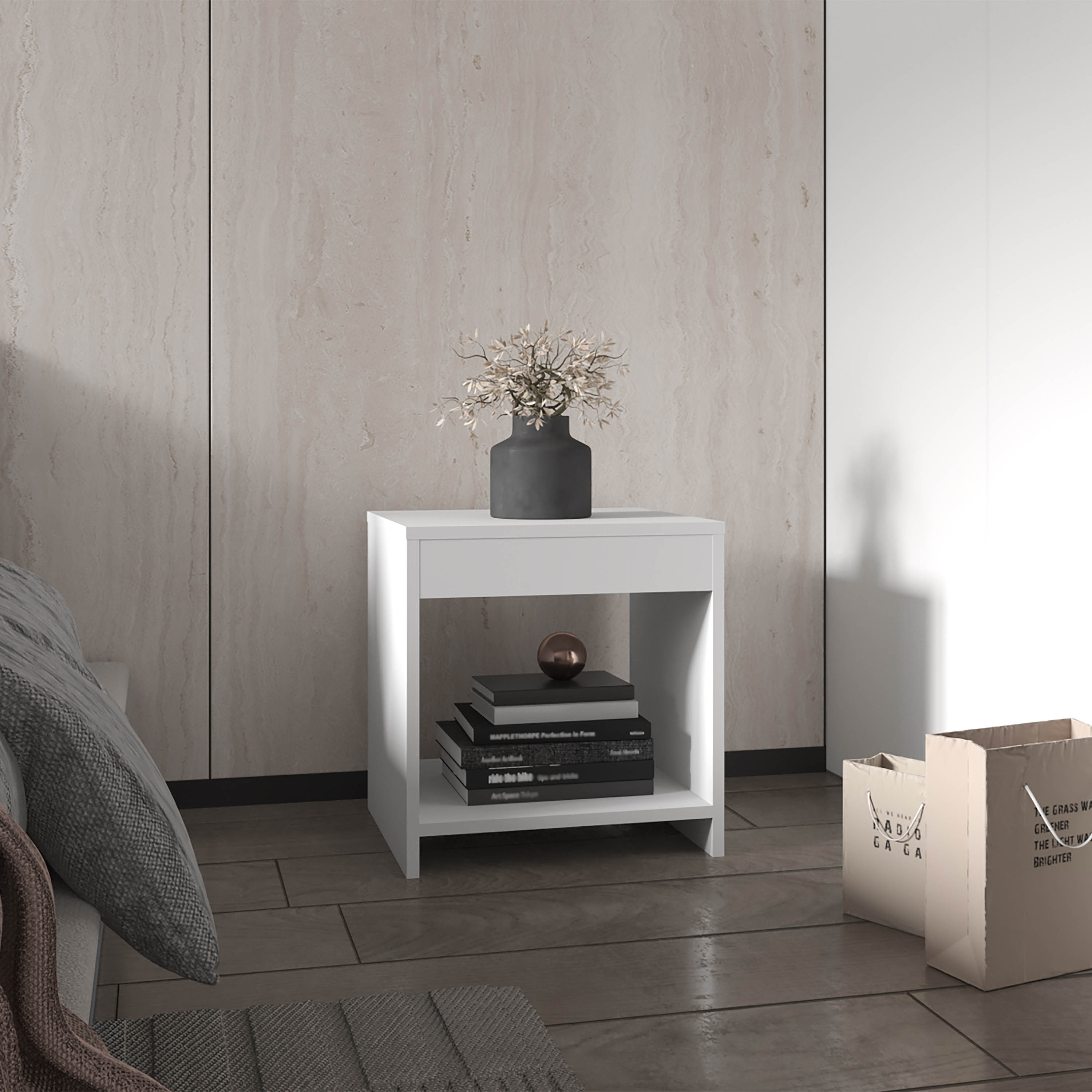 Minimalistic Nightstand with Open Shelf, Compact Design - White