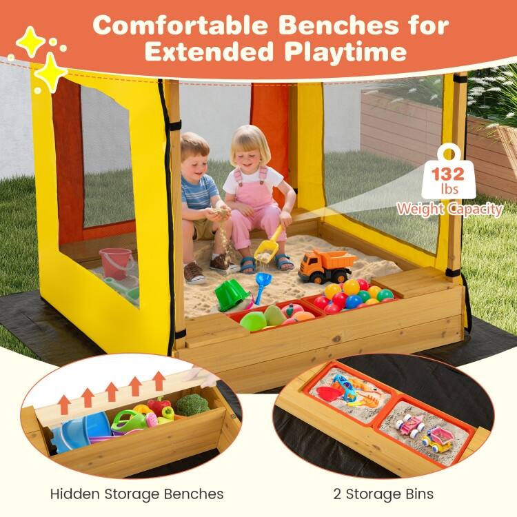 Multicolor PE Wood Kids Sandbox with Canopy, Storage Benches and Ventilated Design - 43.5" x 43.5" x 61" (L x W x H)
