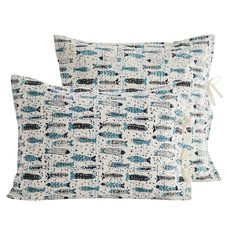 Melange Hand Stitched Kantha Block Print Pillow Sham Pair - 26x26 - Turquoise