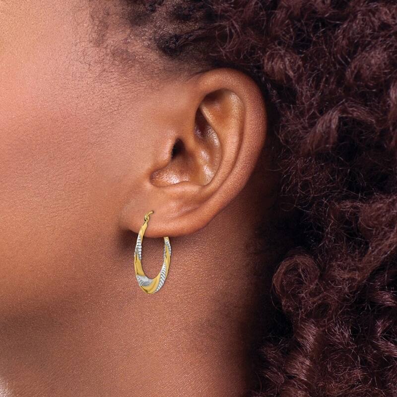 Curata 14k Yellow Gold and Rhodium Textured Stamped Hoop Earrings 28.6x26.9mm