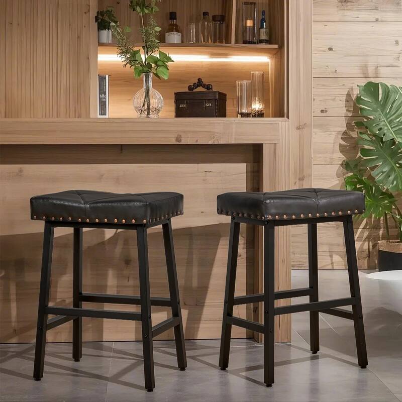 Javlergo Bar Stools Set of 2 Upholstered Backless Saddle Stools Counter Height Stools with Metal Legs