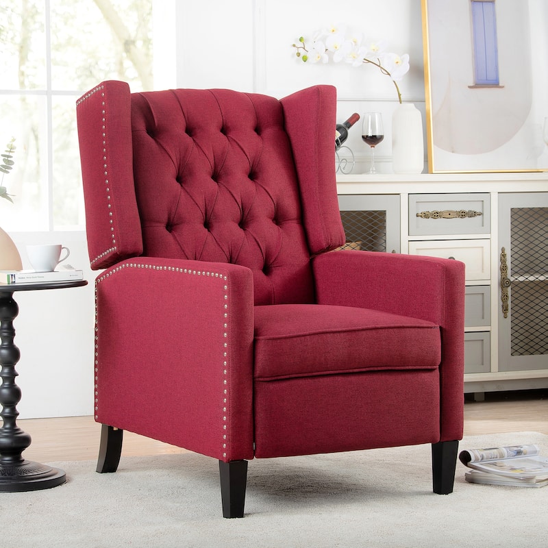 GDFStudio - Fabric Wingback Manual Recliner Chair with Wood Frame - WINE RED