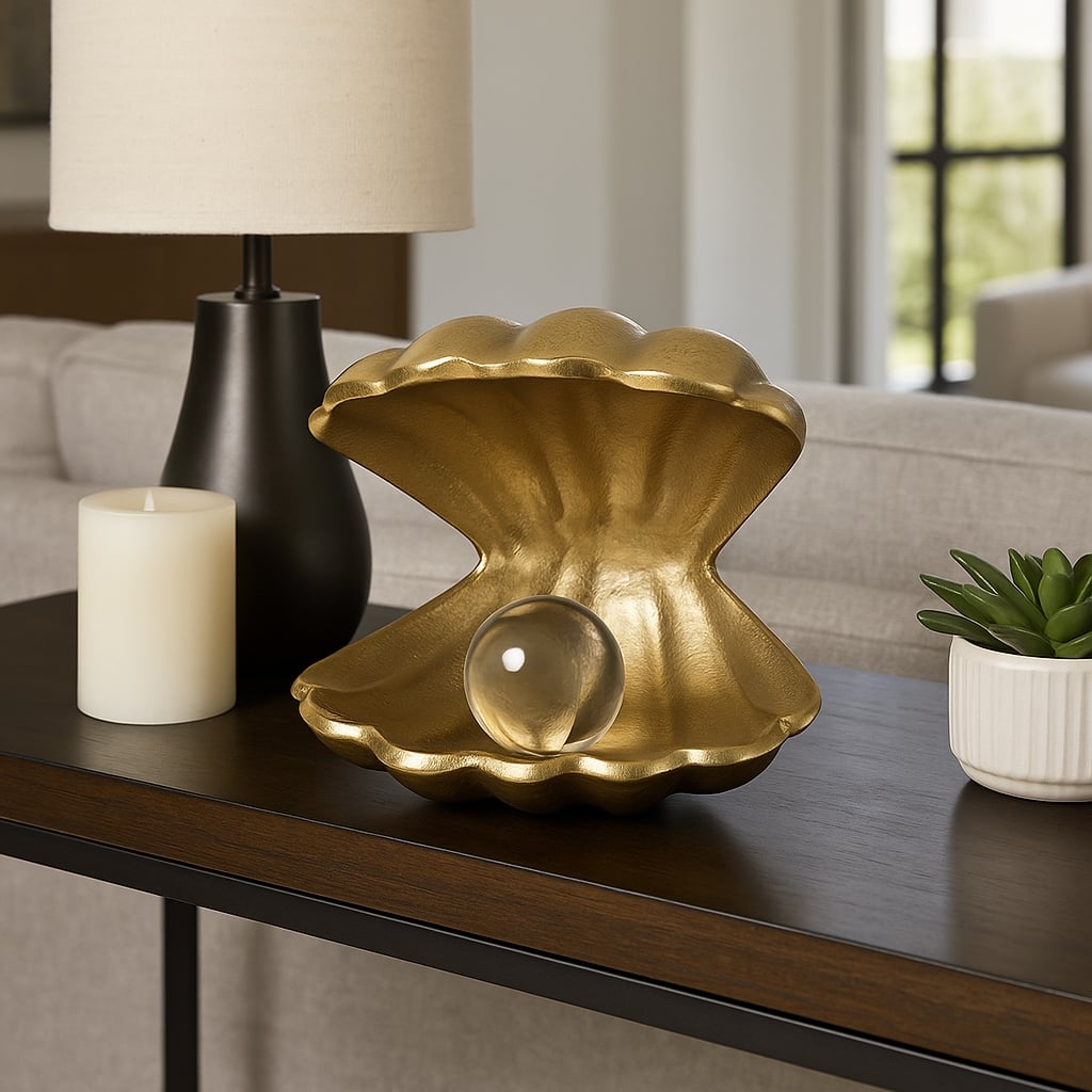 Metal Glass Figurine Clam Shape Pearl Detail Coastal Decor - 4.75"