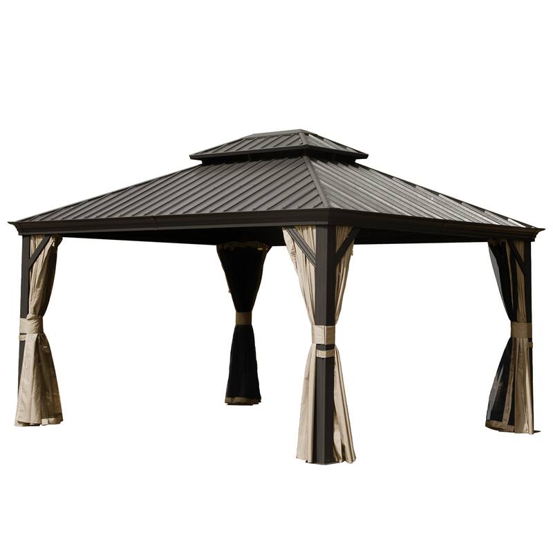 10' X 14' Hardtop Gazebo with Galvanized Steel Roof, Aluminum Frame, Curtains, and Netting for Outdoor Use