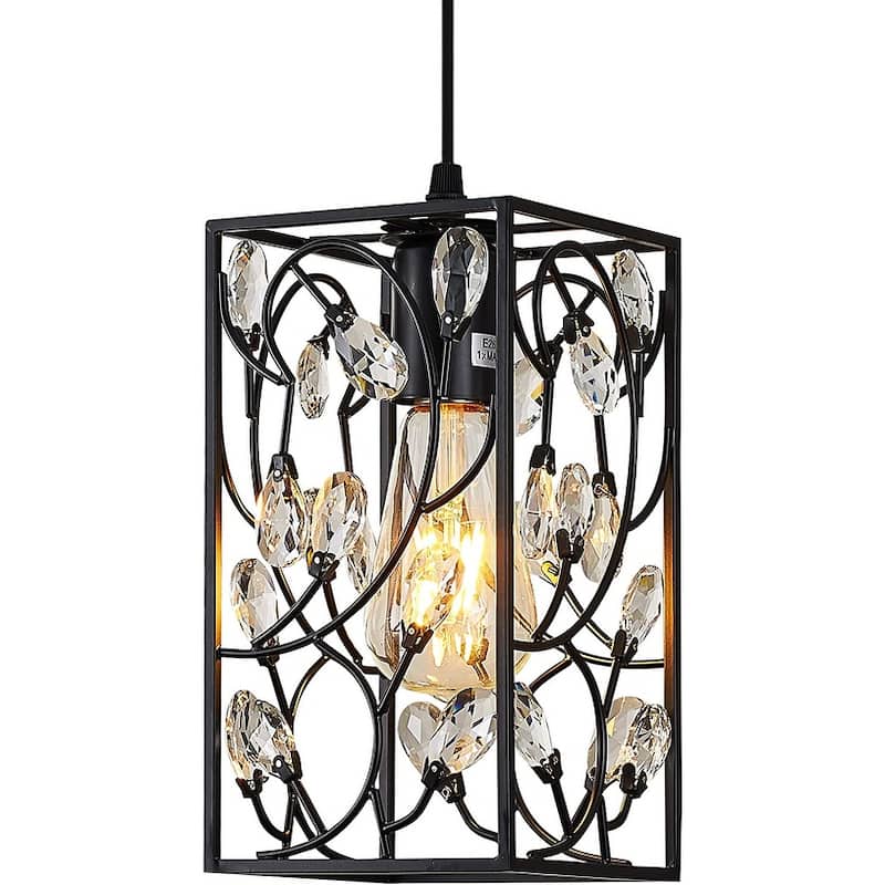 Vintage mini crystal pendant light industrial cage rectangular pendant lighting fixture matte black hanging lamp