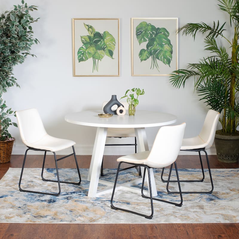 Leather Barrel Chairs with Sled Base, Exquisite Round Dining Table with Trestle, White Kitchen Table and Chairs Set