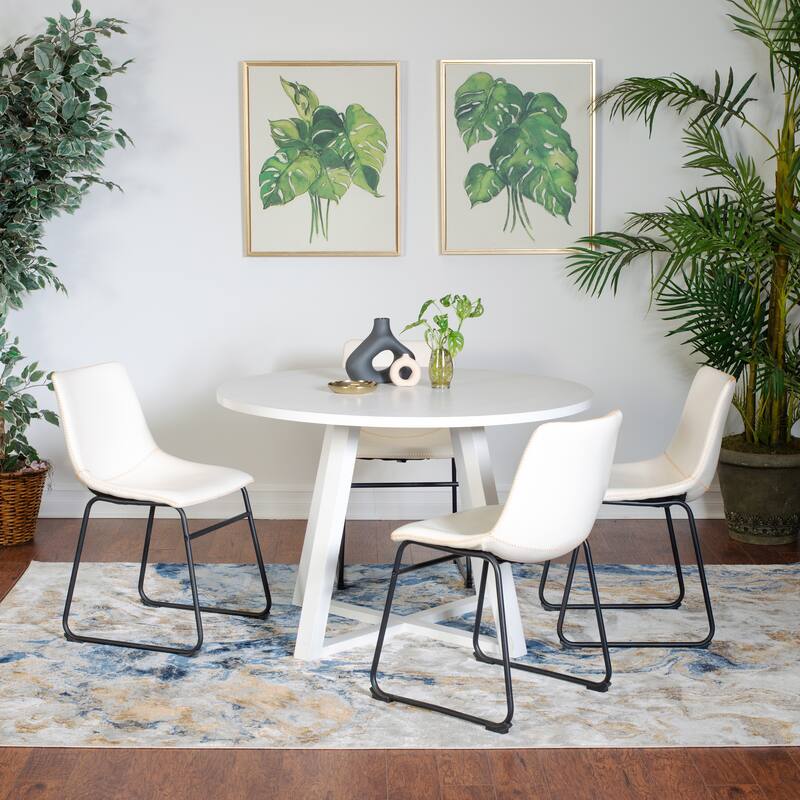 Modern Dining Set with Round Table & Faux Leather Chairs - 5-Piece Sets - White