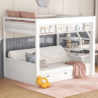 Convertible Design Full over Full Size Wooden Bunk Bed with Storage Staircase, Bedside Table, and 3 Drawers