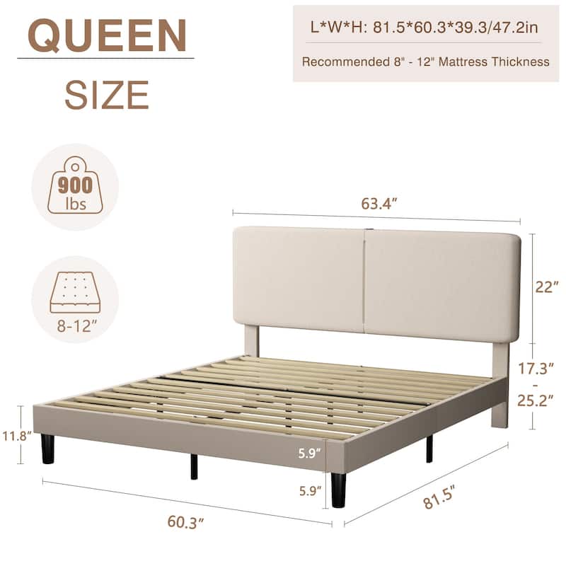 VECELO Adjustable Upholstered Split Headboard Bed Frame with Charging Station USB Port Type C No Box Spring Needed Noiseless Bed