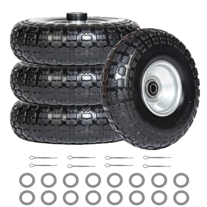 4 Solid Flat-Free Tire & Wheel, 5/8" Bearings, Heavy Duty for Wheelbarrows, Hand Trucks, Carts (Set of 4) - Black