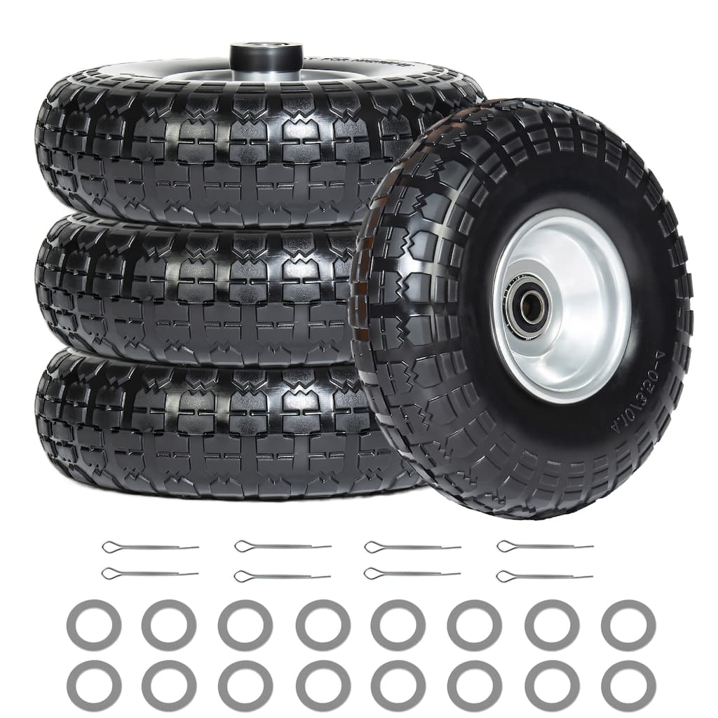 4 Solid Flat-Free Tire & Wheel, 5/8" Bearings, Heavy Duty for Wheelbarrows, Hand Trucks, Carts (Set of 4)
