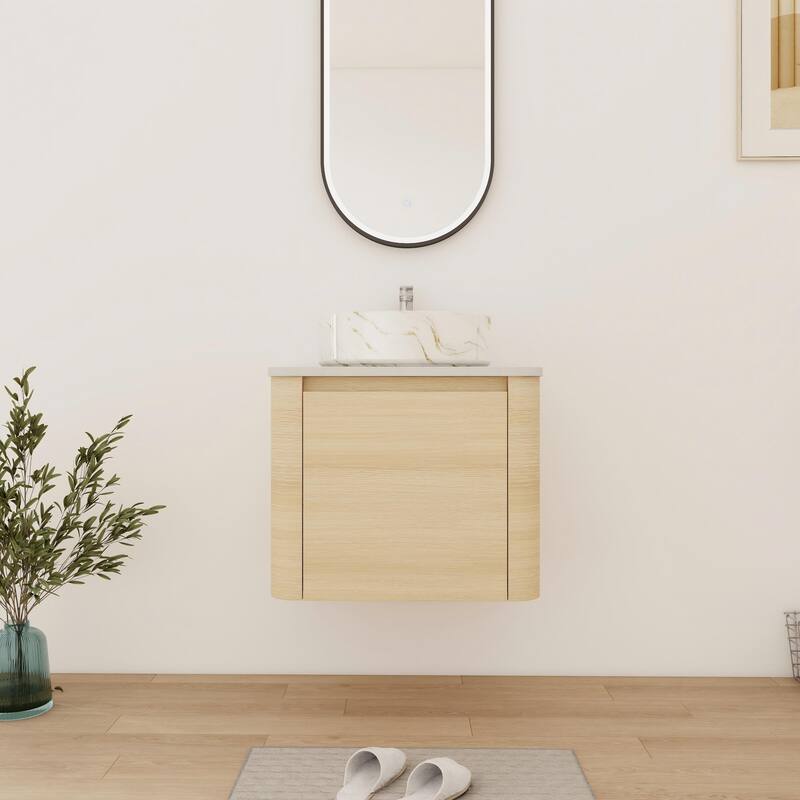 Bathroom Vanity With Sink In 24/30 Inch, Floating Bathroom Vanity With Soft Close Door - 23.6''W×18.6''D×24.4''H - White Oak-White with golden lines