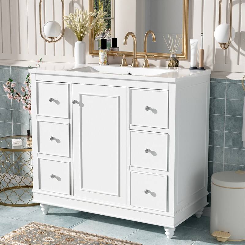 36'' Bathroom Vanity Cabinet with Ceramic Sink, Freestanding Bathroom Vanity Cabinet with 4 Drawers, 1 Door and Adjustable Shelf