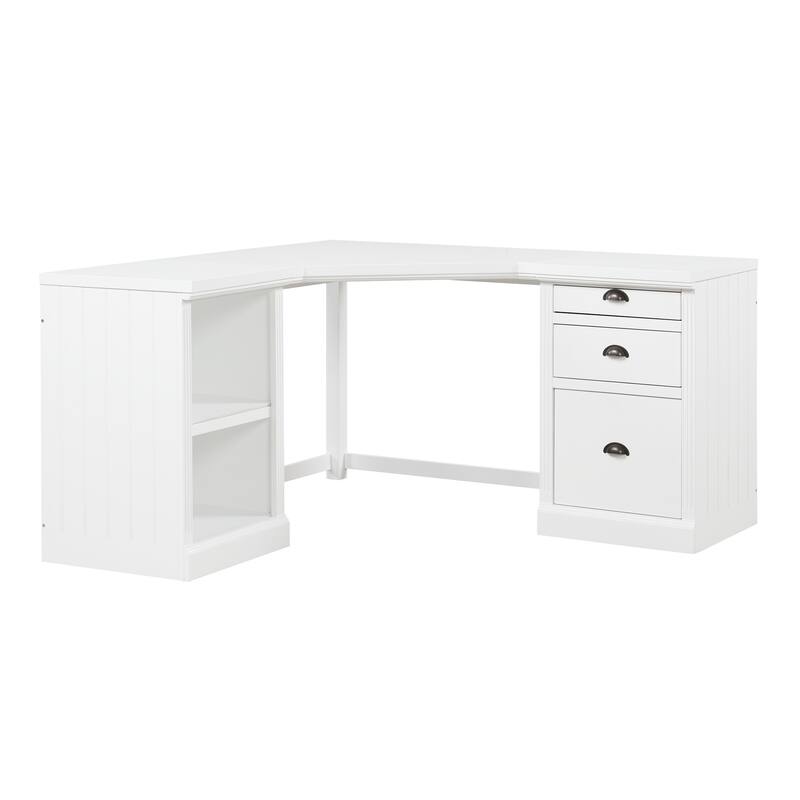 Modern White Executive Desk with Wide Desktop and Storage Shelves Three Drawers for Office