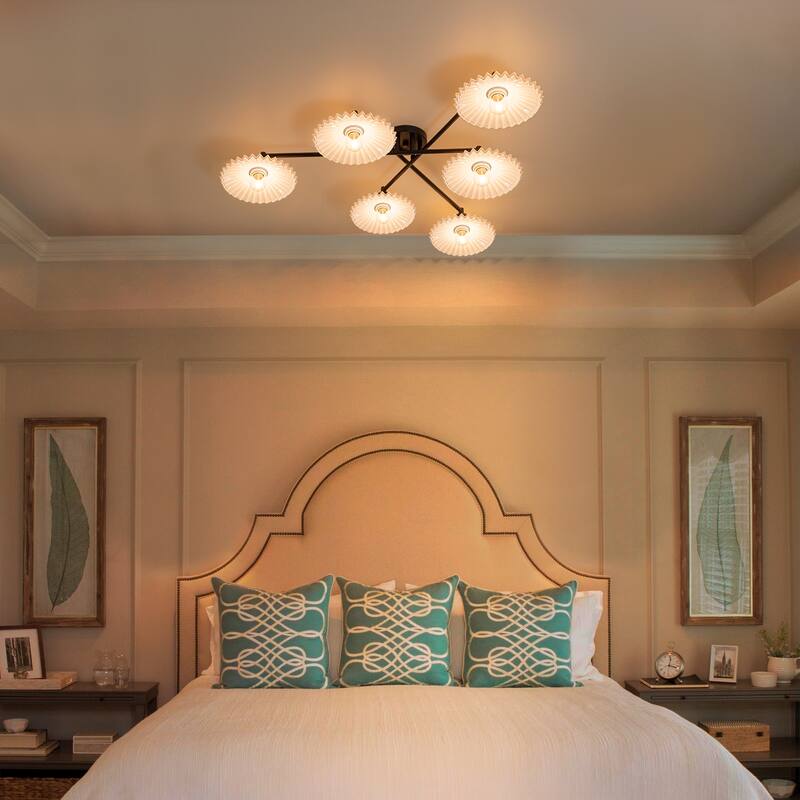 6-Light Matte Black Branch Flush Mount Ceiling Light with White Glass Shades - Dia.40.16-in