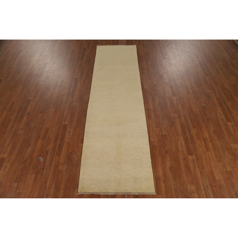 Modern Muted Yellow Gabbeh Runner Rug Hand-Knotted Wool Carpet - 2'8" x 9'8"