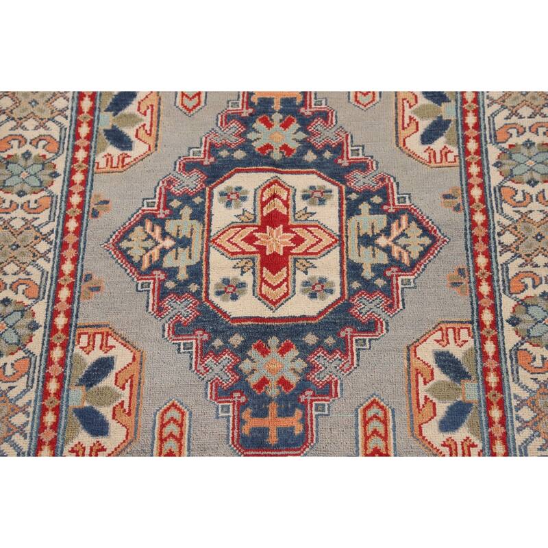 Kazak Oriental Accent Rug Handmade Gray Geometric Wool Carpet - 3'7"x 4'10"