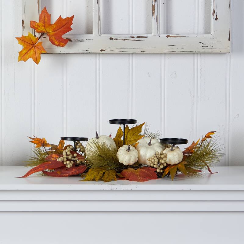 22” White Pumpkin and Maple Leaf Fall Harvest Candelabrum