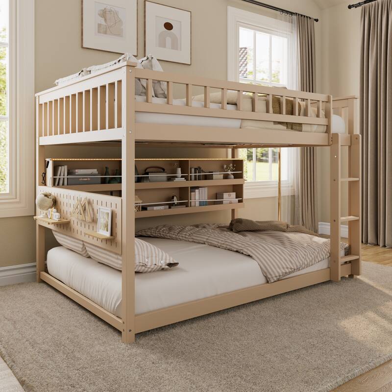 Roomfitters Full over Full Bunk Bed with Storage Shelving, Pegboard and LED Lights - Beige