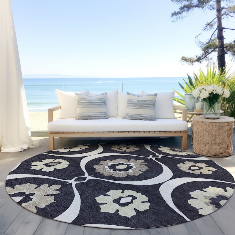 Machine Washable Indoor/ Outdoor Chantille Floral Geo Rug - Black - 8' x 8'